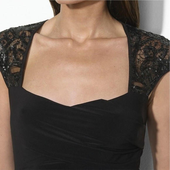 LAUREN Ralph Lauren Evening Dress Black Maxi Emelia Gown Ruched Sequins Sexy 10 - Picture 2 of 10